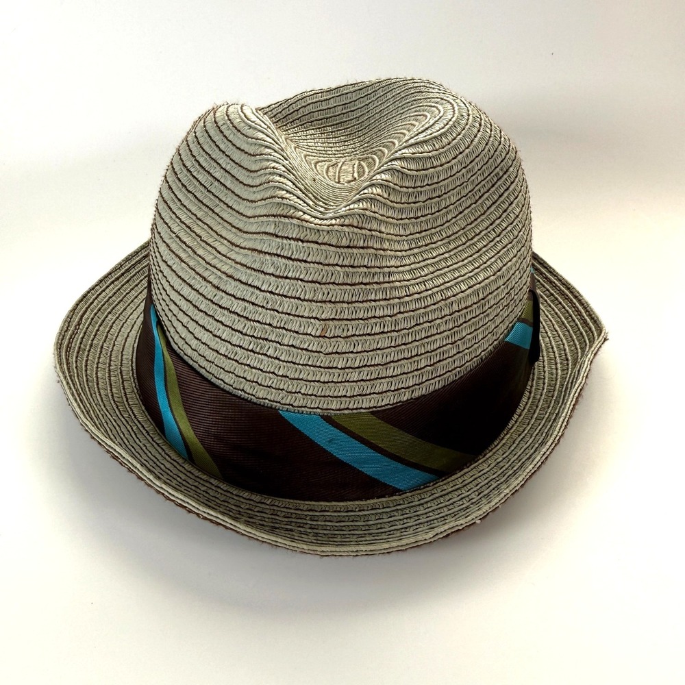 GOORIN BROS Tan Paper Straw Fedora Hat Adult Large Striped Ribbon Brown Blue